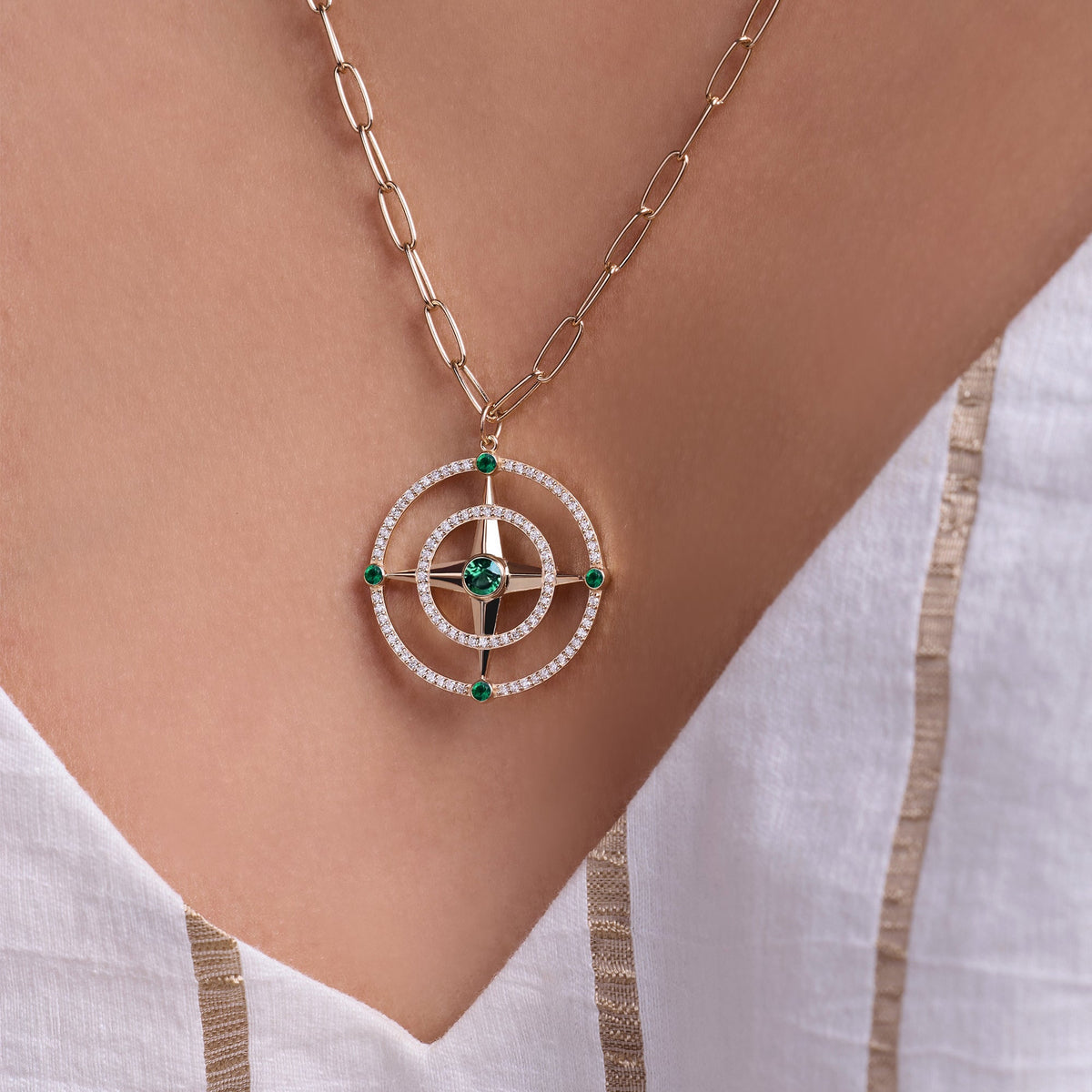 Large Compass Emerald & Diamond Pendant in 14k Gold (May)