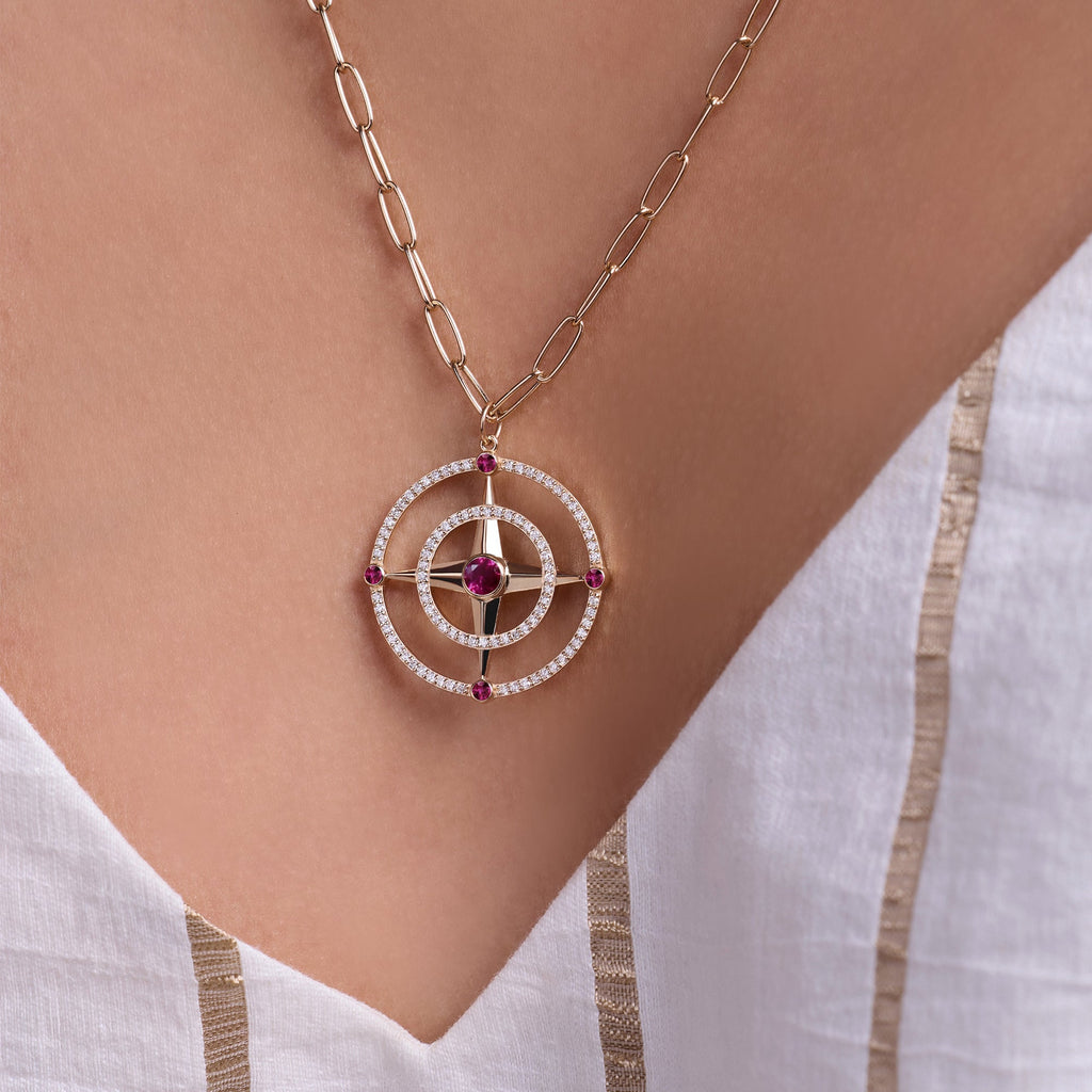 Large Compass Ruby & Diamond Pendant in 14k Gold (July)
