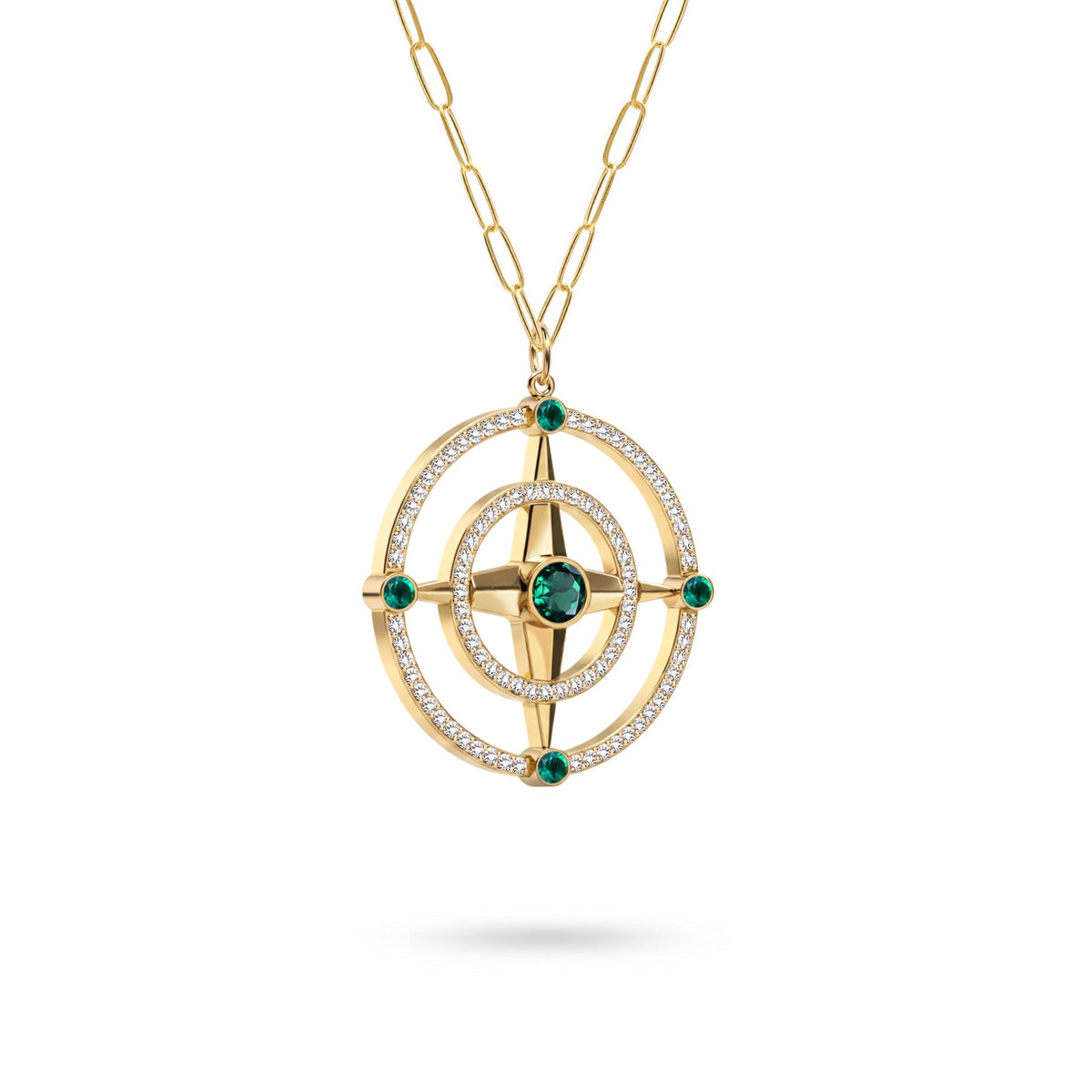 Large Compass Emerald & Diamond Pendant in 14k Gold (May)