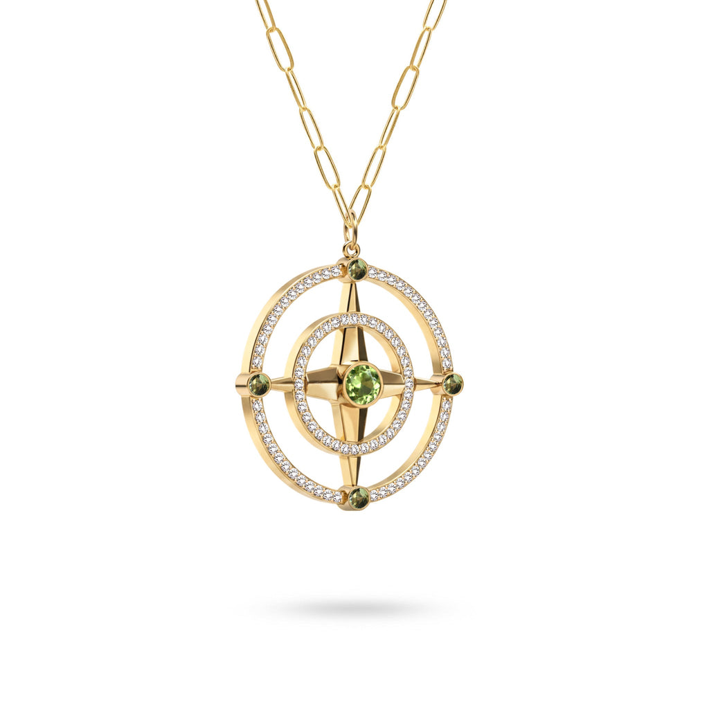 Large Compass Peridot & Diamond Pendant in 14k Gold (August)