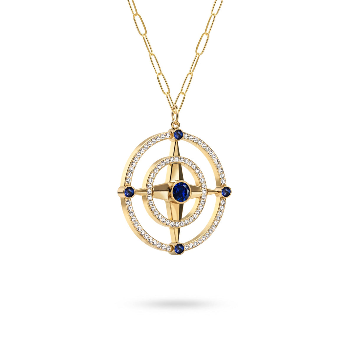 Large Compass Sapphire & Diamond Pendant in 14k Gold (September)