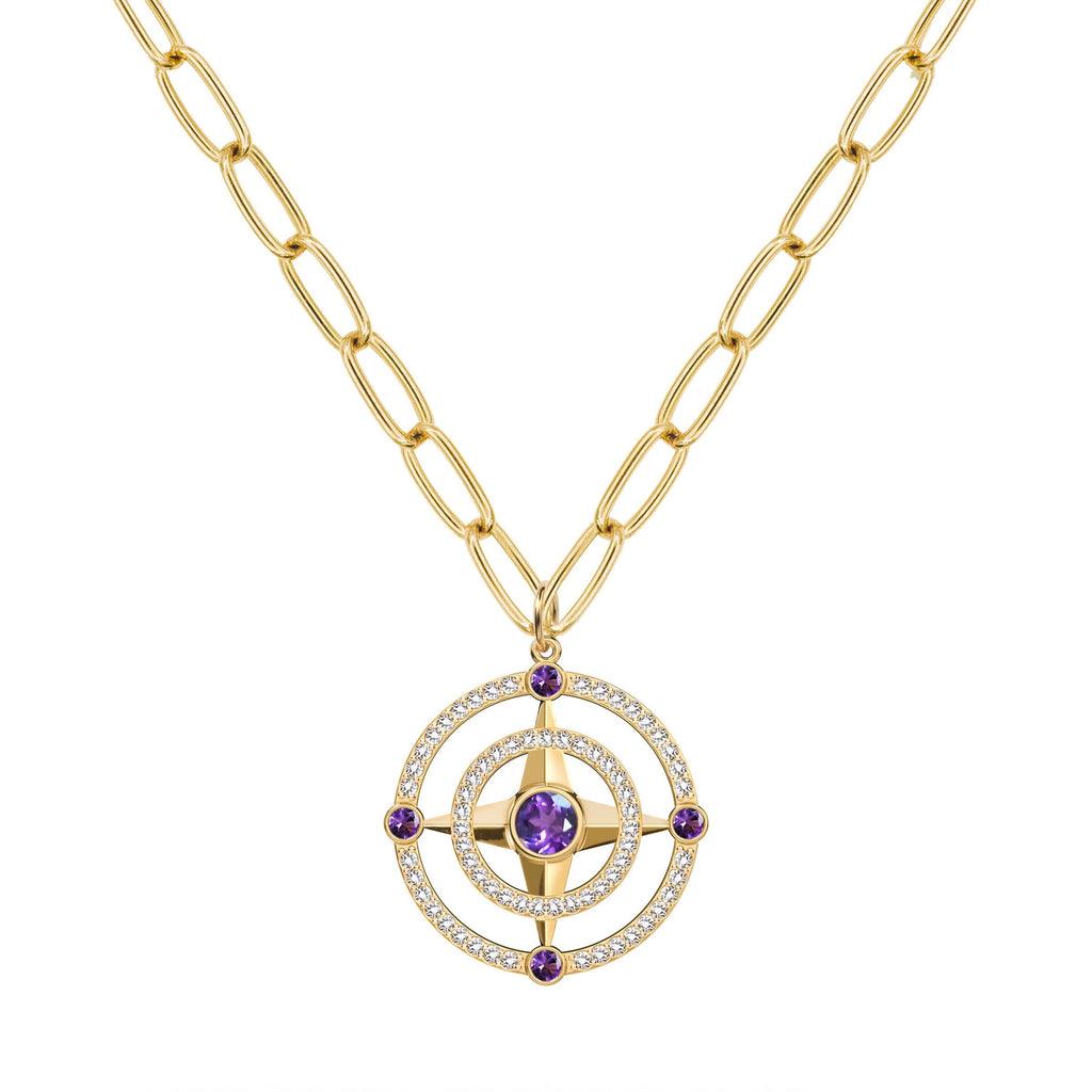 Compass Amethyst & Diamond Pendant in 14k Gold (February)
