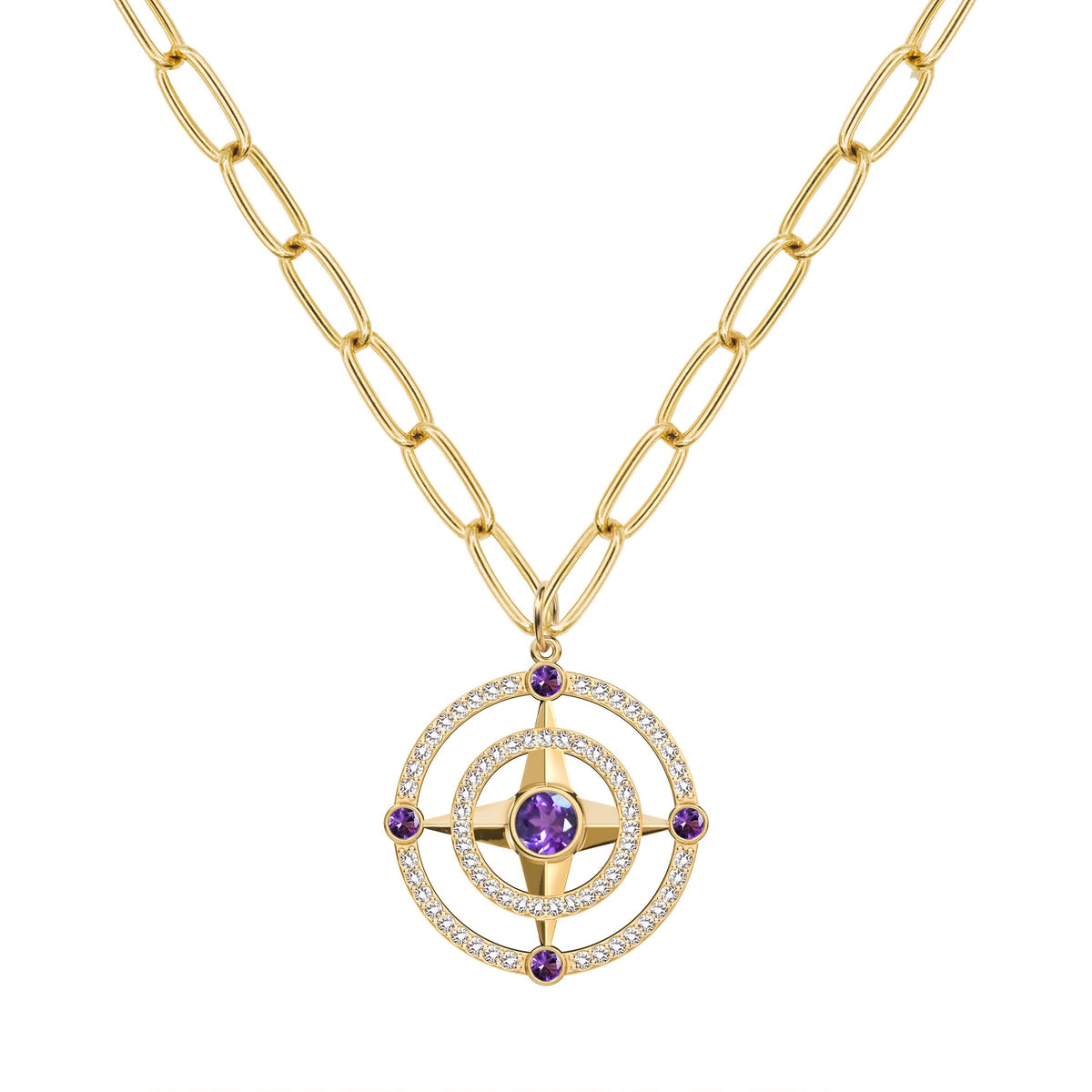 Compass Amethyst & Diamond Pendant in 14k Gold (February)