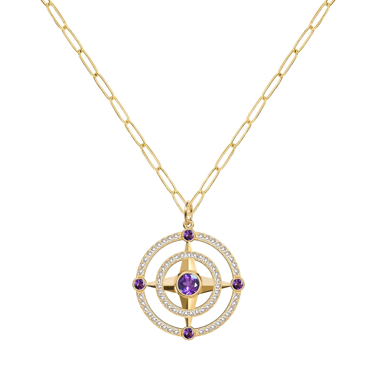 Compass Amethyst & Diamond Pendant in 14k Gold (February)