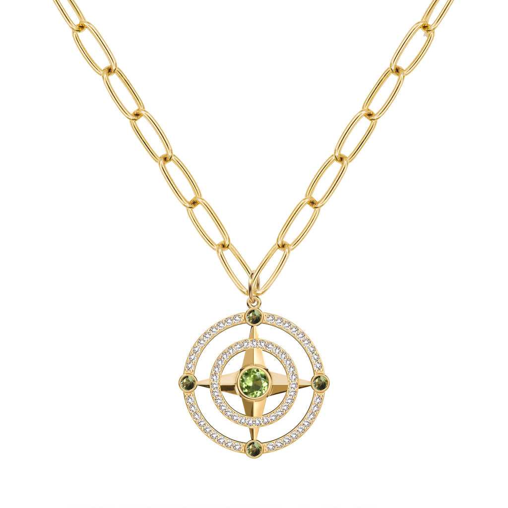 Compass Peridot & Diamond Pendant in 14k Gold (August)