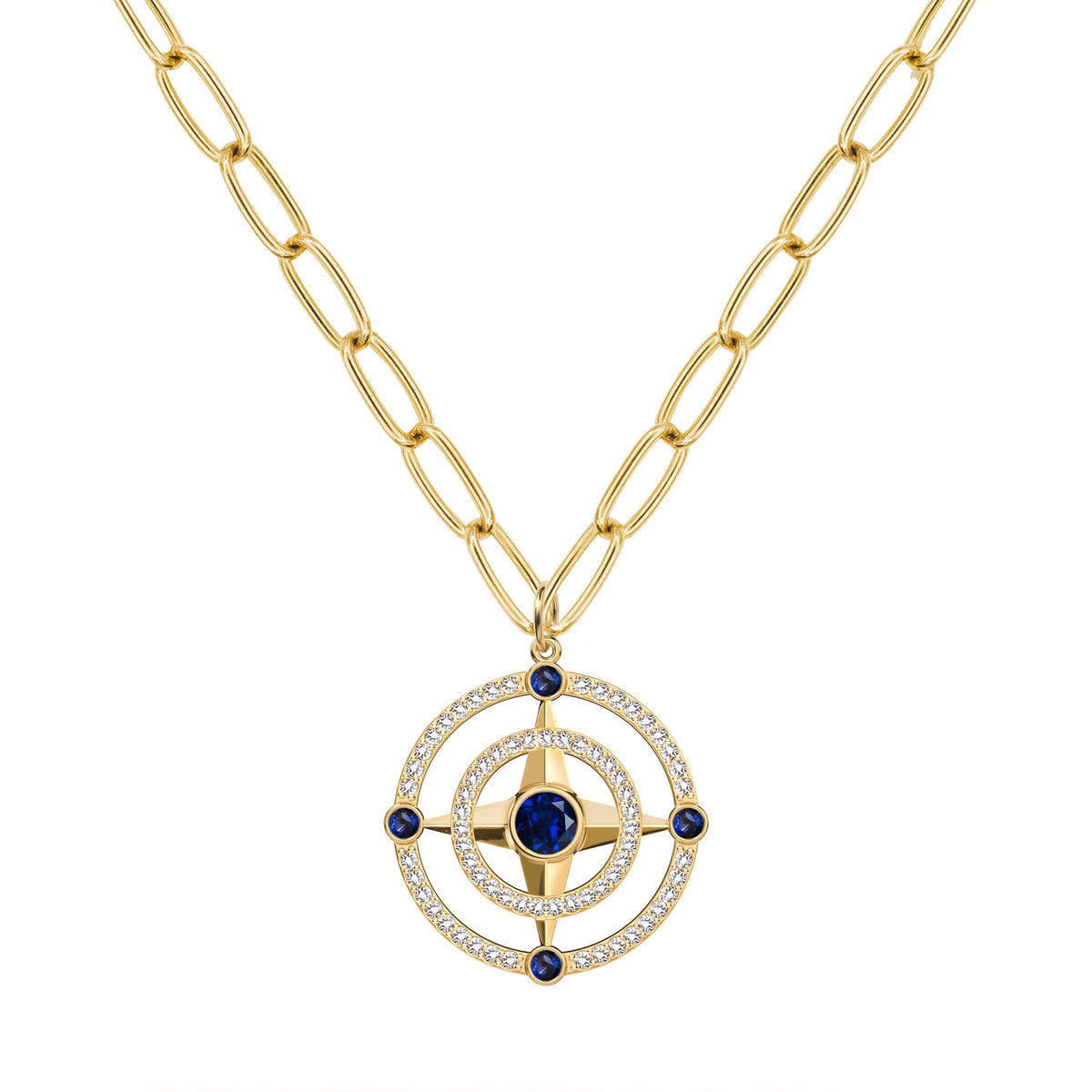 Compass Sapphire & Diamond Pendant in 14k Gold (September)
