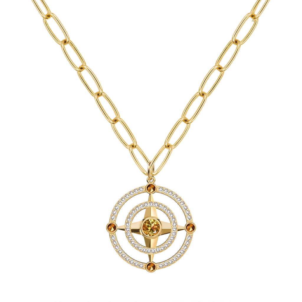 Compass Citrine & Diamond Pendant in 14k Gold (November)