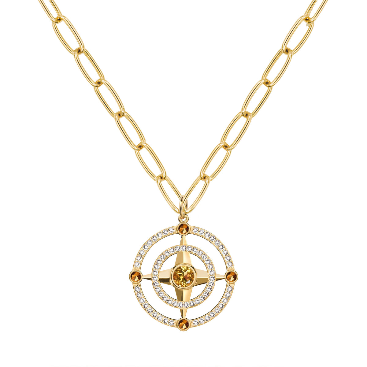Compass Citrine & Diamond Pendant in 14k Gold (November)