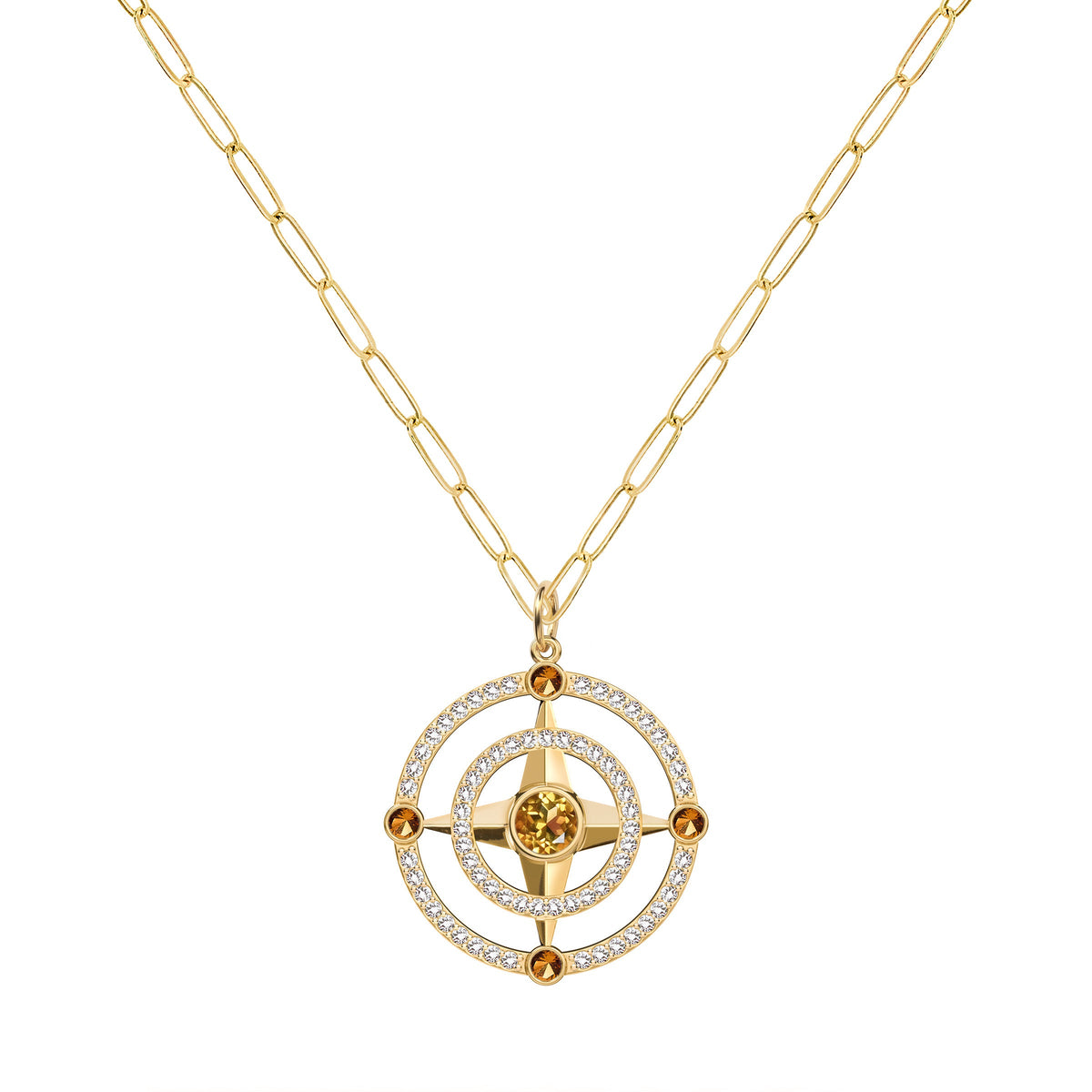 Compass Citrine & Diamond Pendant in 14k Gold (November)