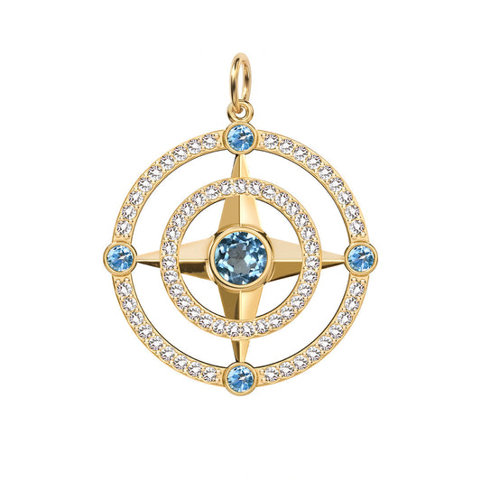 Compass Nantucket Blue Topaz & Diamond Pendant in 14k Gold (December)