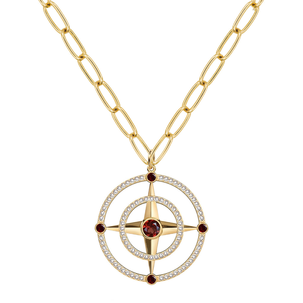 Large Compass Garnet & Diamond Pendant in 14k Gold (January)