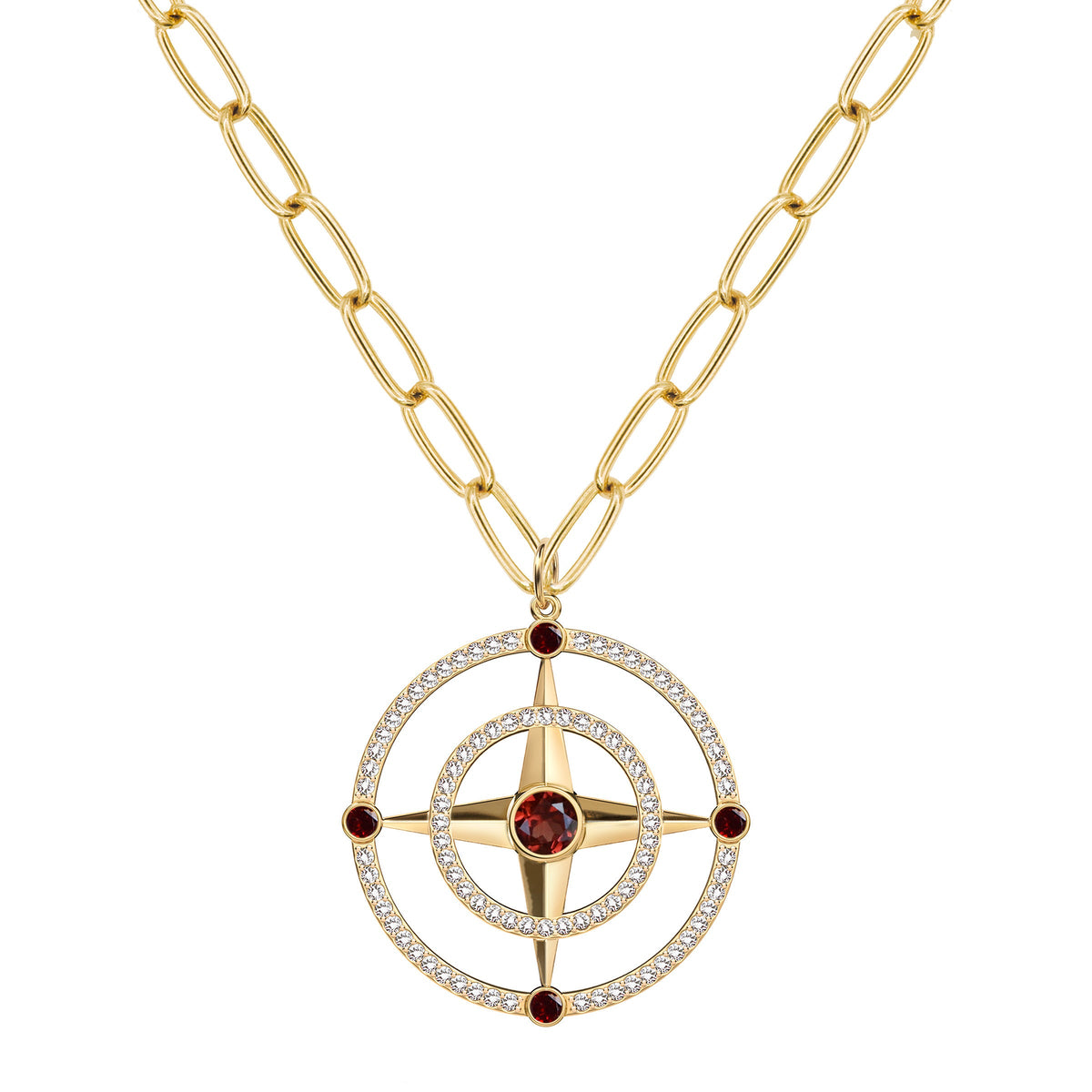 Large Compass Garnet & Diamond Pendant in 14k Gold (January)