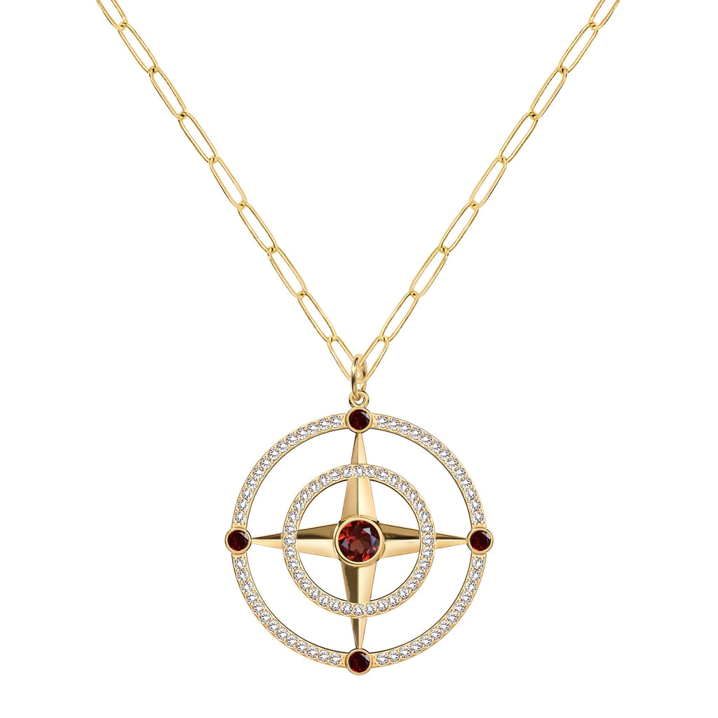 Large Compass Garnet & Diamond Pendant in 14k Gold (January)