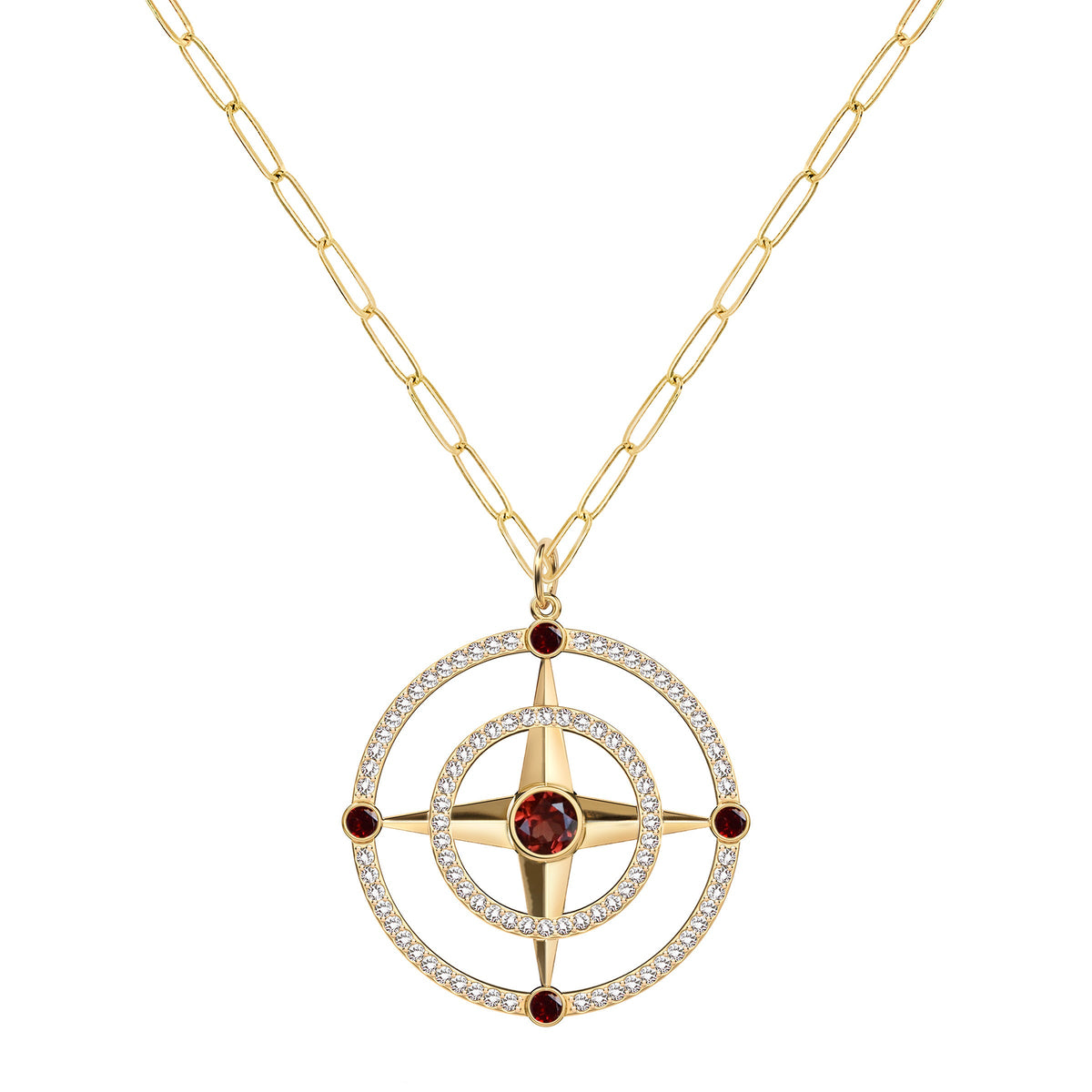 Large Compass Garnet & Diamond Pendant in 14k Gold (January)