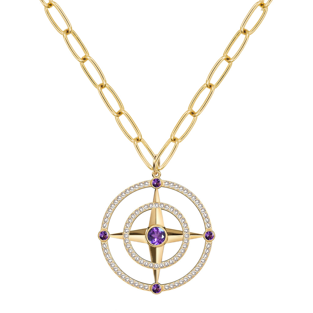 Large Compass Amethyst & Diamond Pendant in 14k Gold (February)