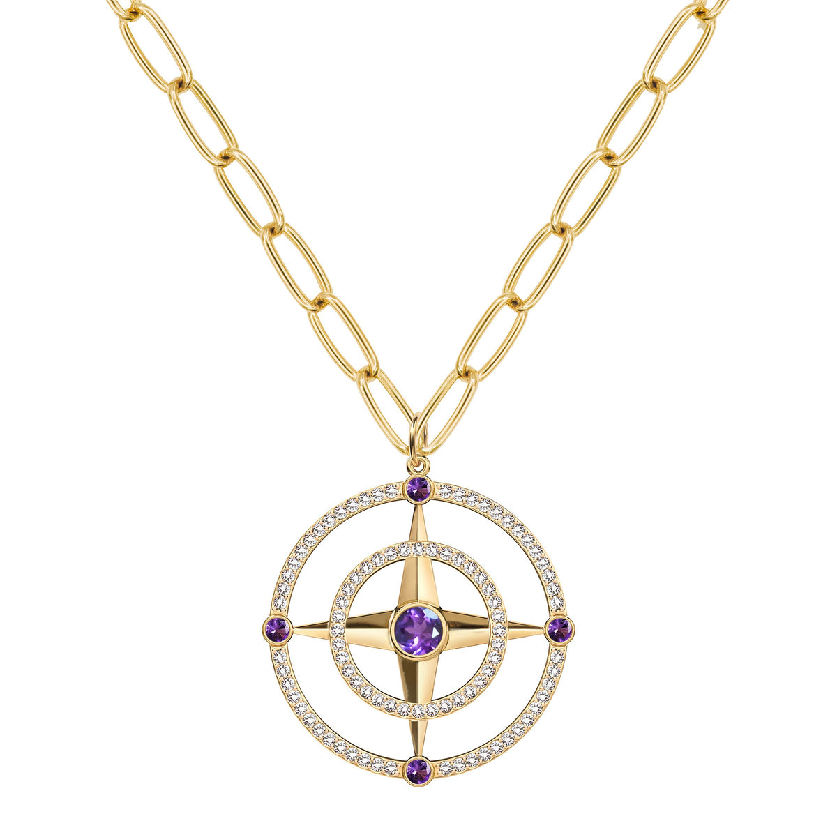 Large Compass Amethyst & Diamond Pendant in 14k Gold (February)