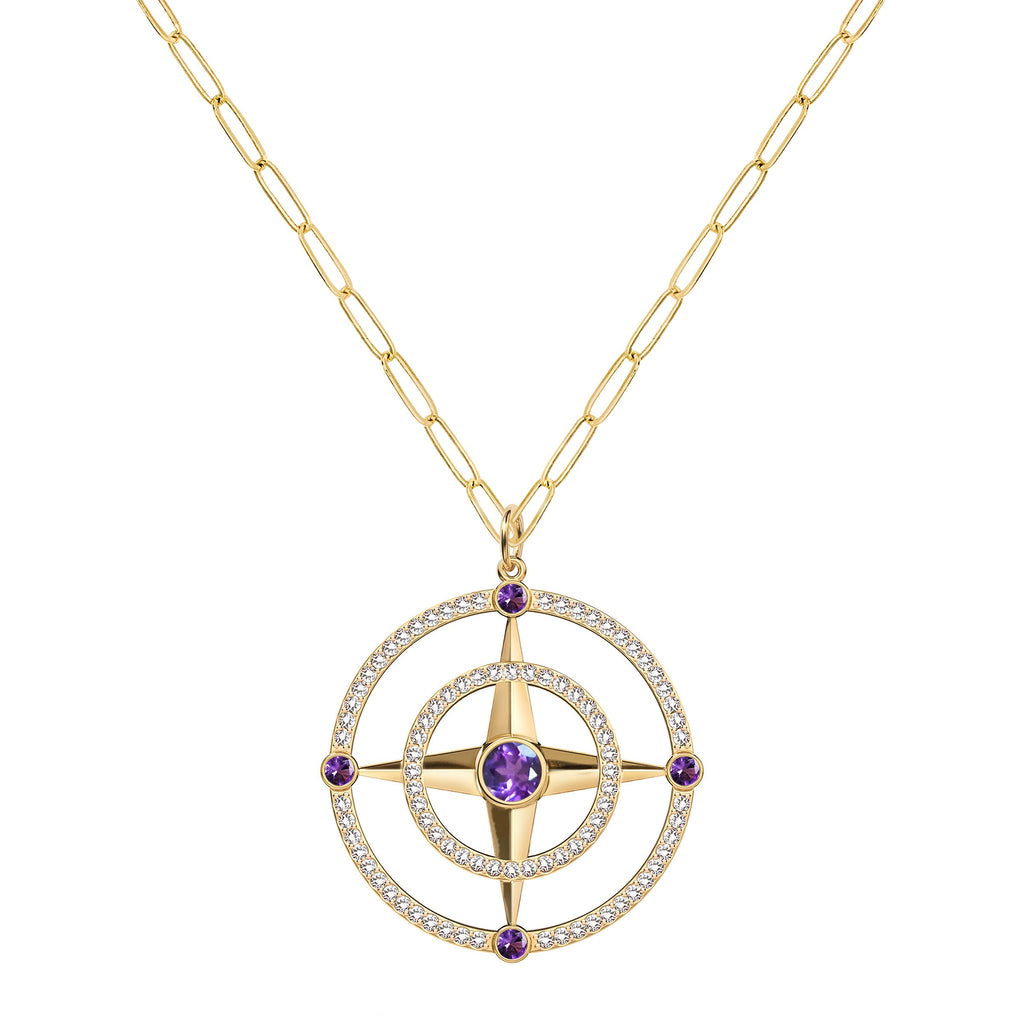 Large Compass Amethyst & Diamond Pendant in 14k Gold (February)