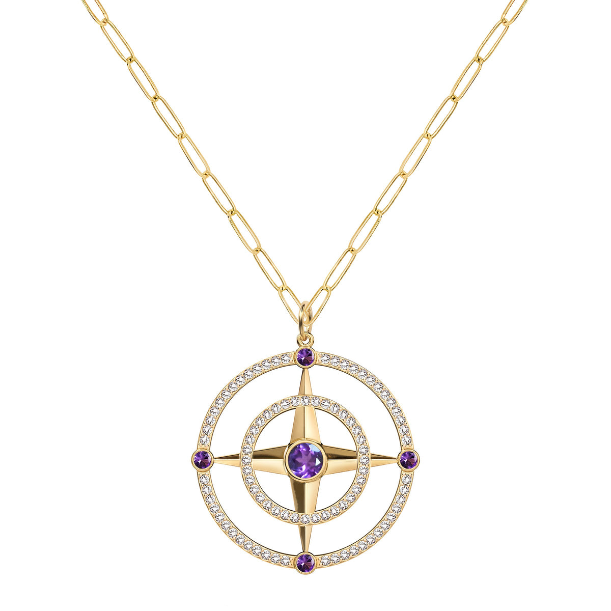 Large Compass Amethyst & Diamond Pendant in 14k Gold (February)