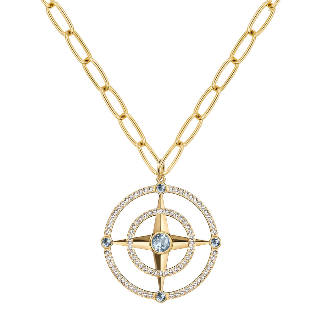 Large Compass Aquamarine & Diamond Pendant in 14k Gold (March)