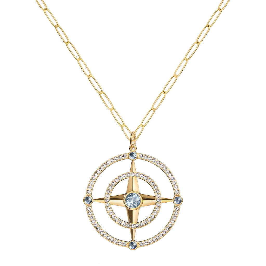 Large Compass Aquamarine & Diamond Pendant in 14k Gold (March)