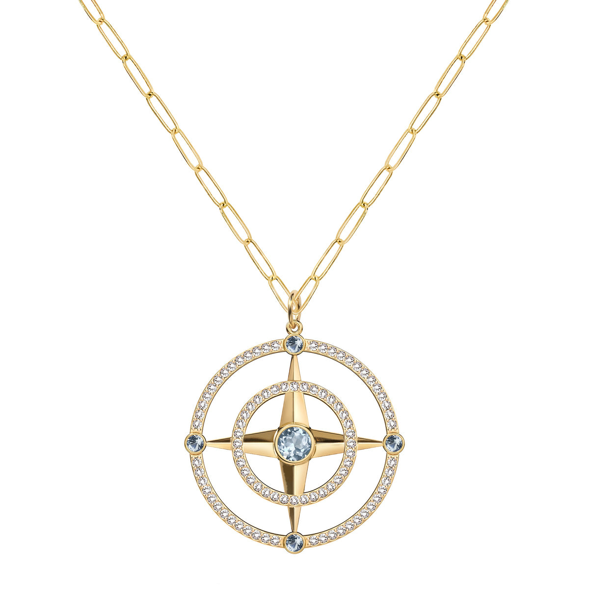 Large Compass Aquamarine & Diamond Pendant in 14k Gold (March)