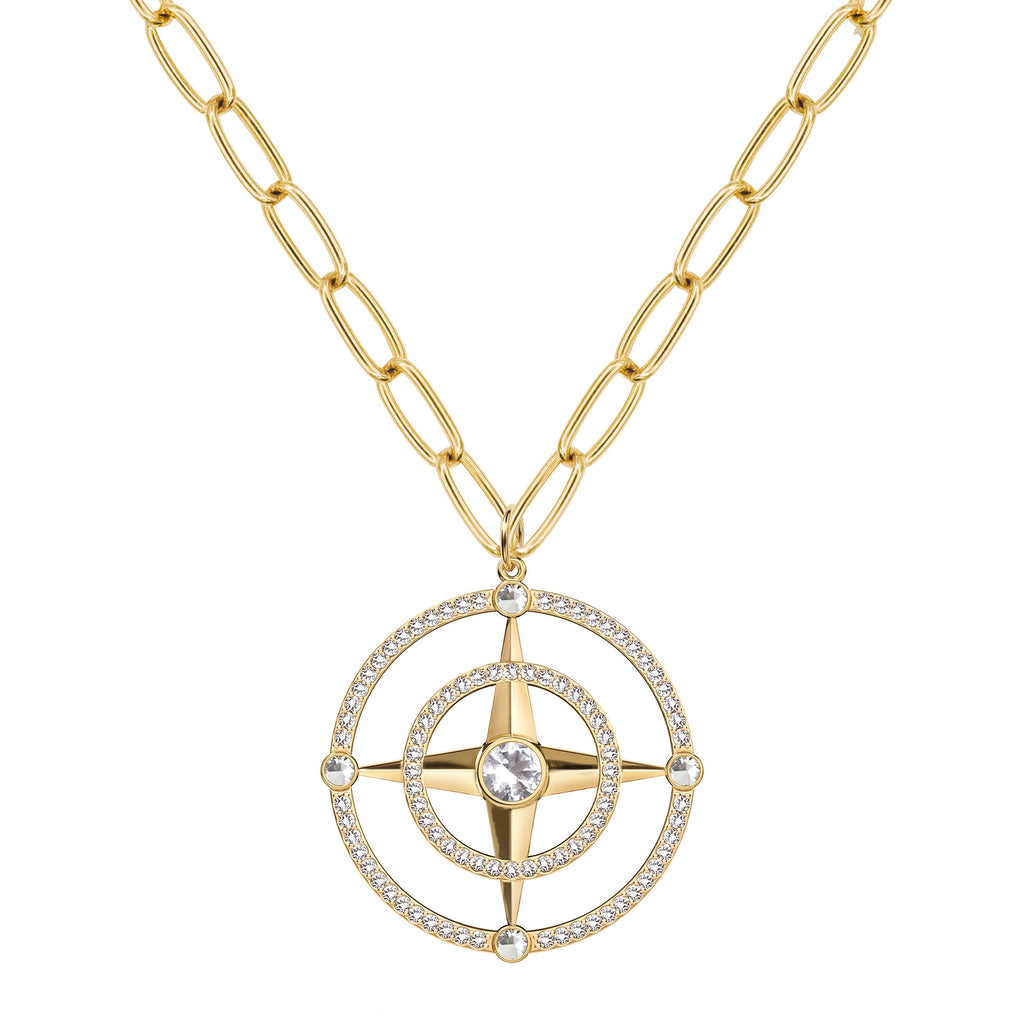 Large Compass White Topaz & Diamond Pendant in 14k Gold (April)