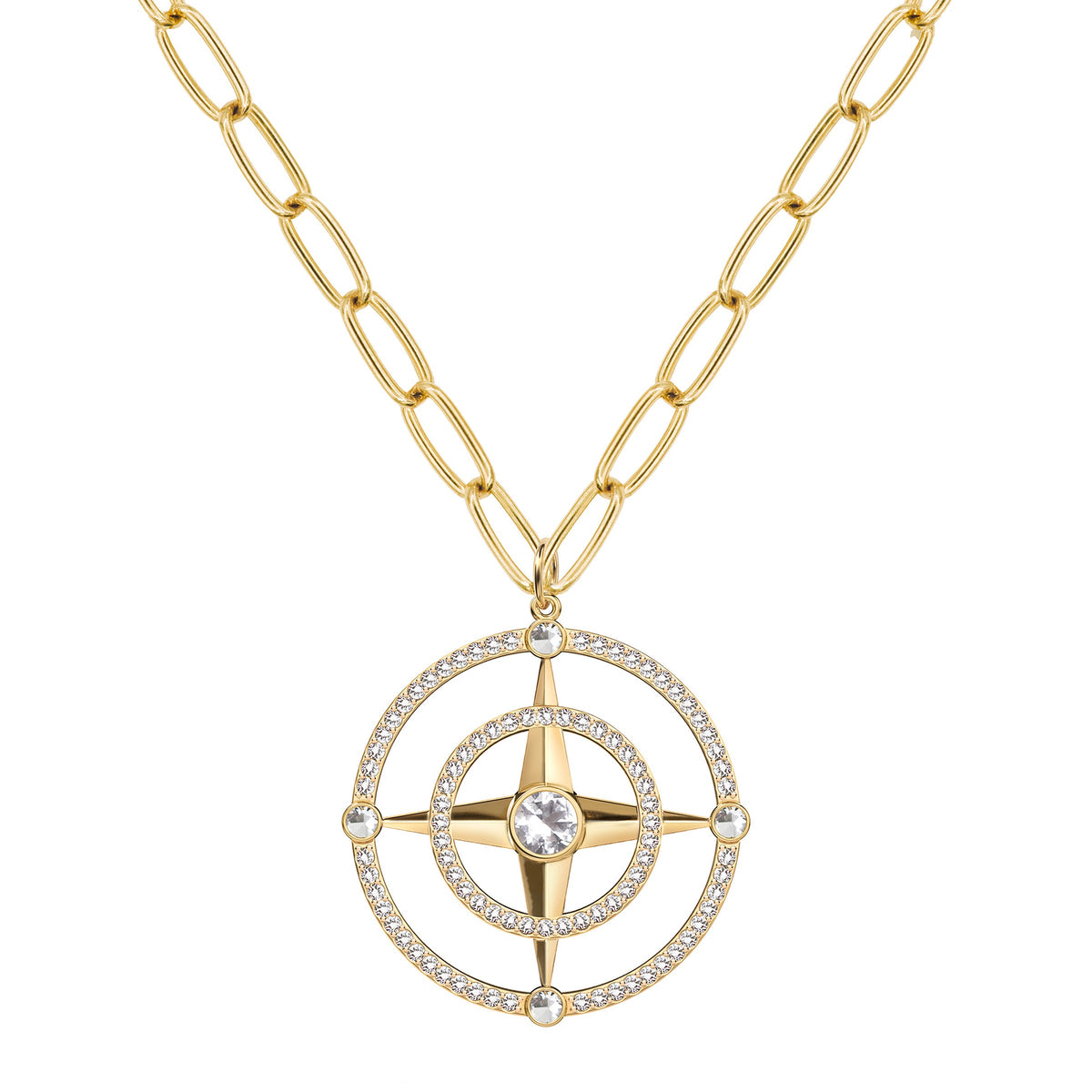 Large Compass White Topaz & Diamond Pendant in 14k Gold (April)
