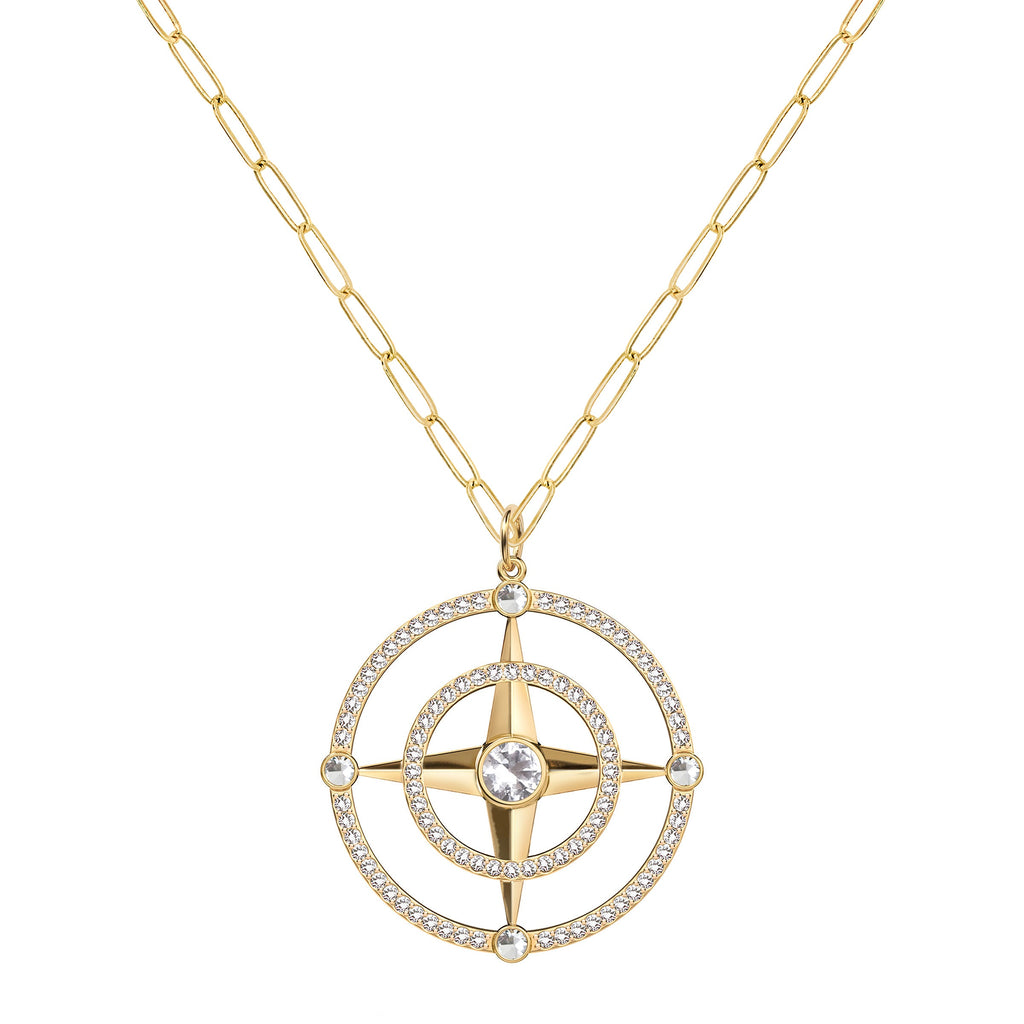 Large Compass White Topaz & Diamond Pendant in 14k Gold (April)
