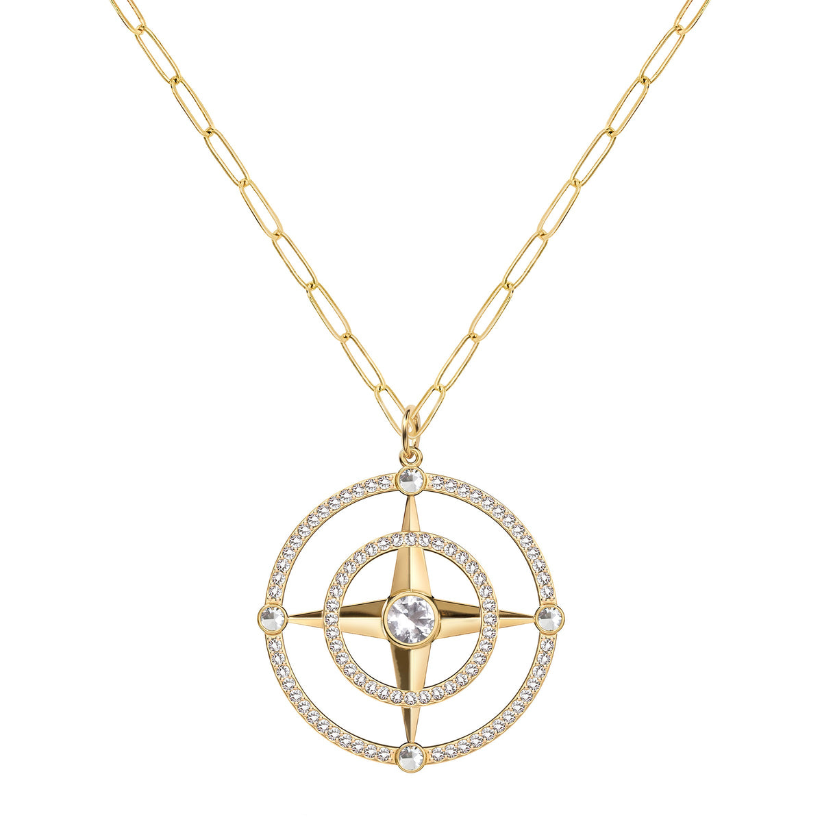 Large Compass White Topaz & Diamond Pendant in 14k Gold (April)