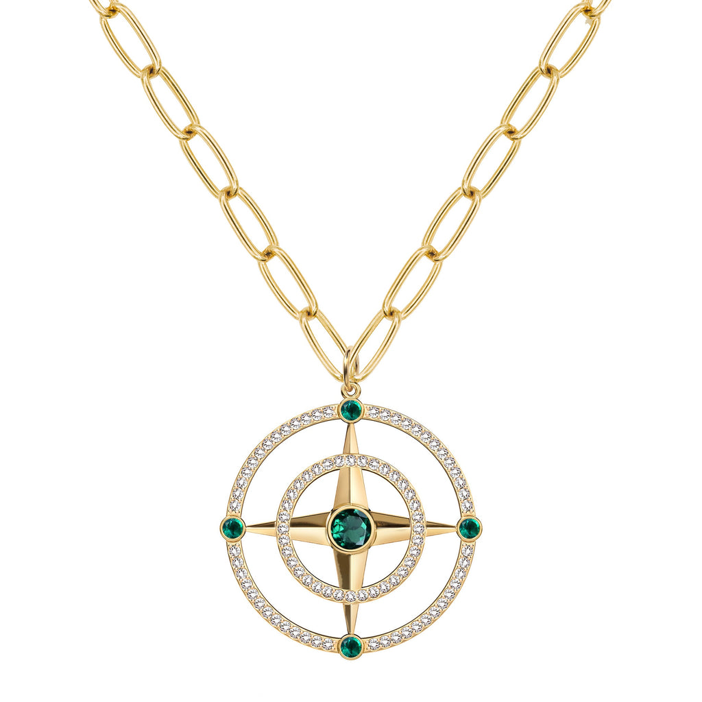 Large Compass Emerald & Diamond Pendant in 14k Gold (May)