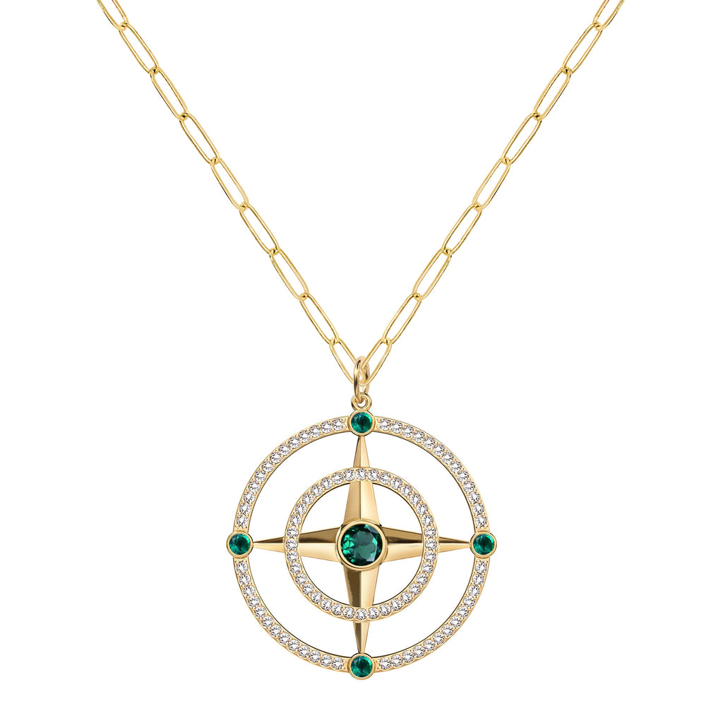 Large Compass Emerald & Diamond Pendant in 14k Gold (May)