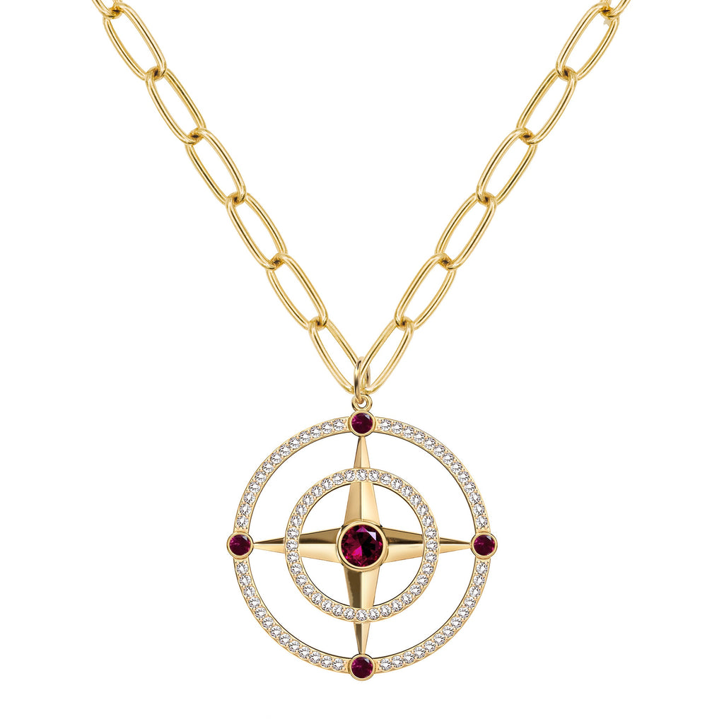 Large Compass Ruby & Diamond Pendant in 14k Gold (July)
