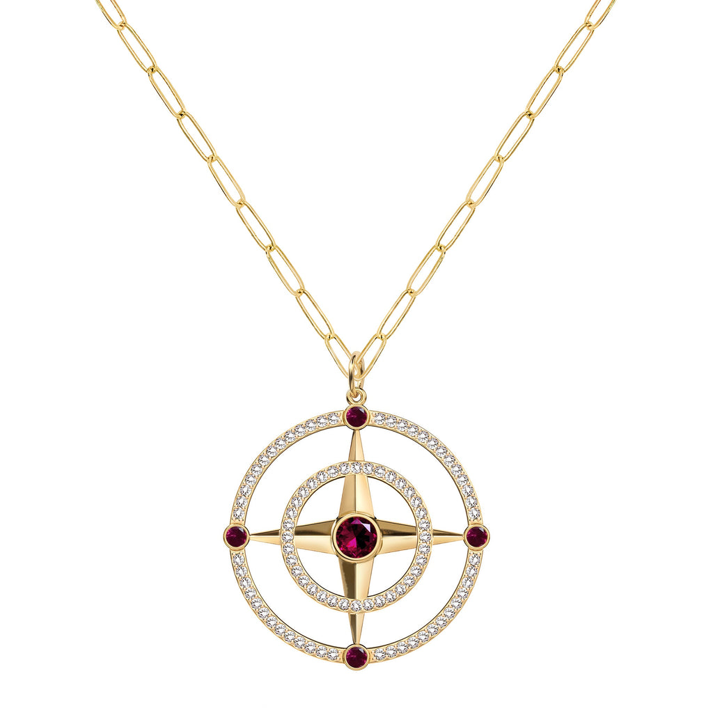 Large Compass Ruby & Diamond Pendant in 14k Gold (July)
