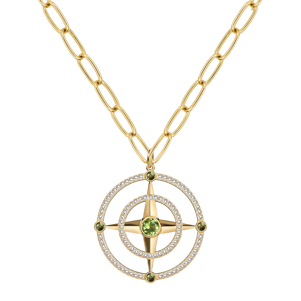Large Compass Peridot & Diamond Pendant in 14k Gold (August)
