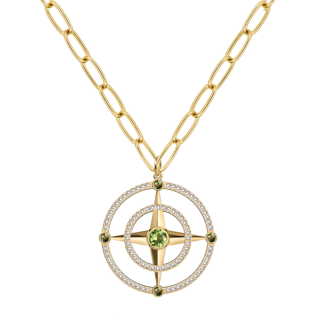 Large Compass Peridot & Diamond Pendant in 14k Gold (August)