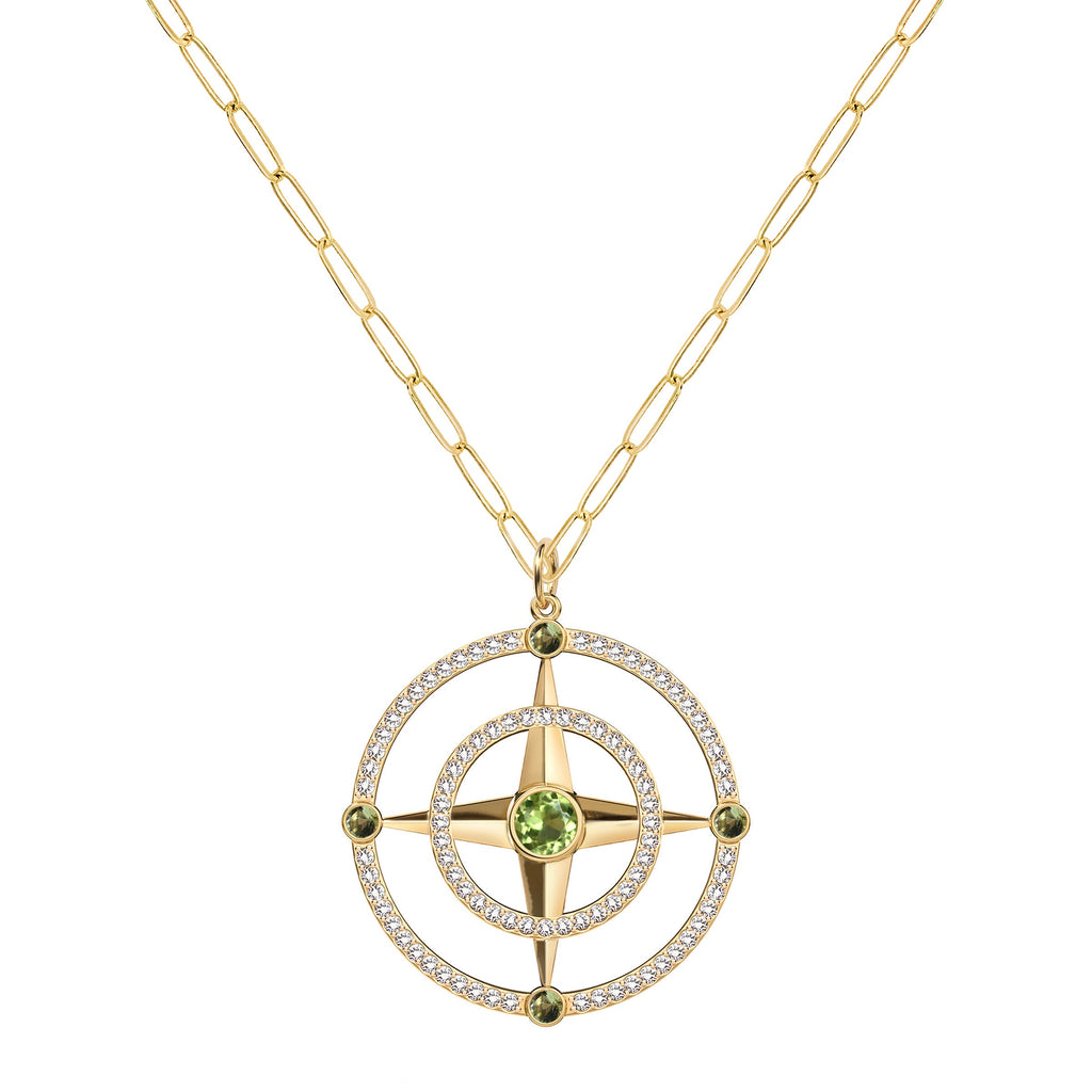 Large Compass Peridot & Diamond Pendant in 14k Gold (August)