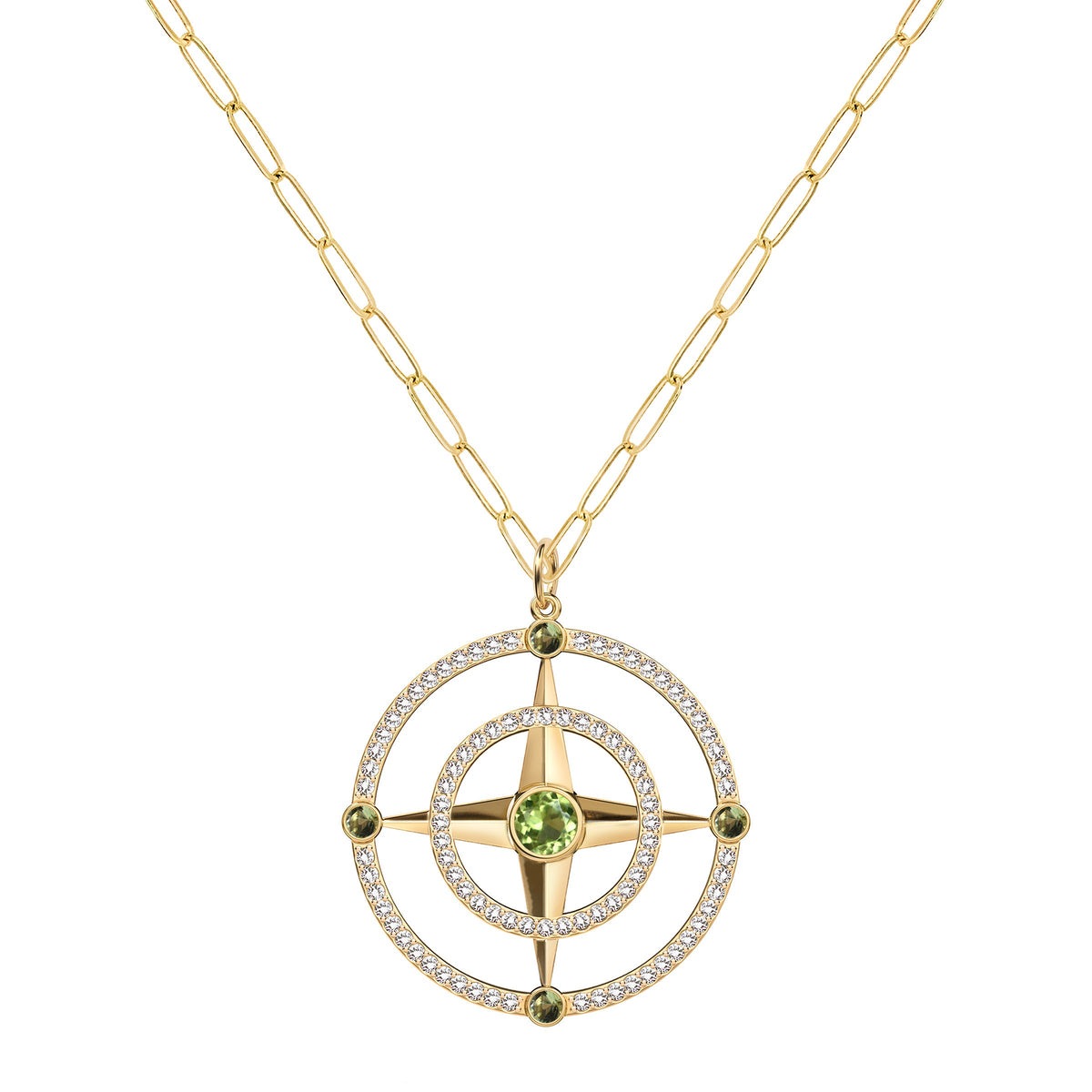 Large Compass Peridot & Diamond Pendant in 14k Gold (August)