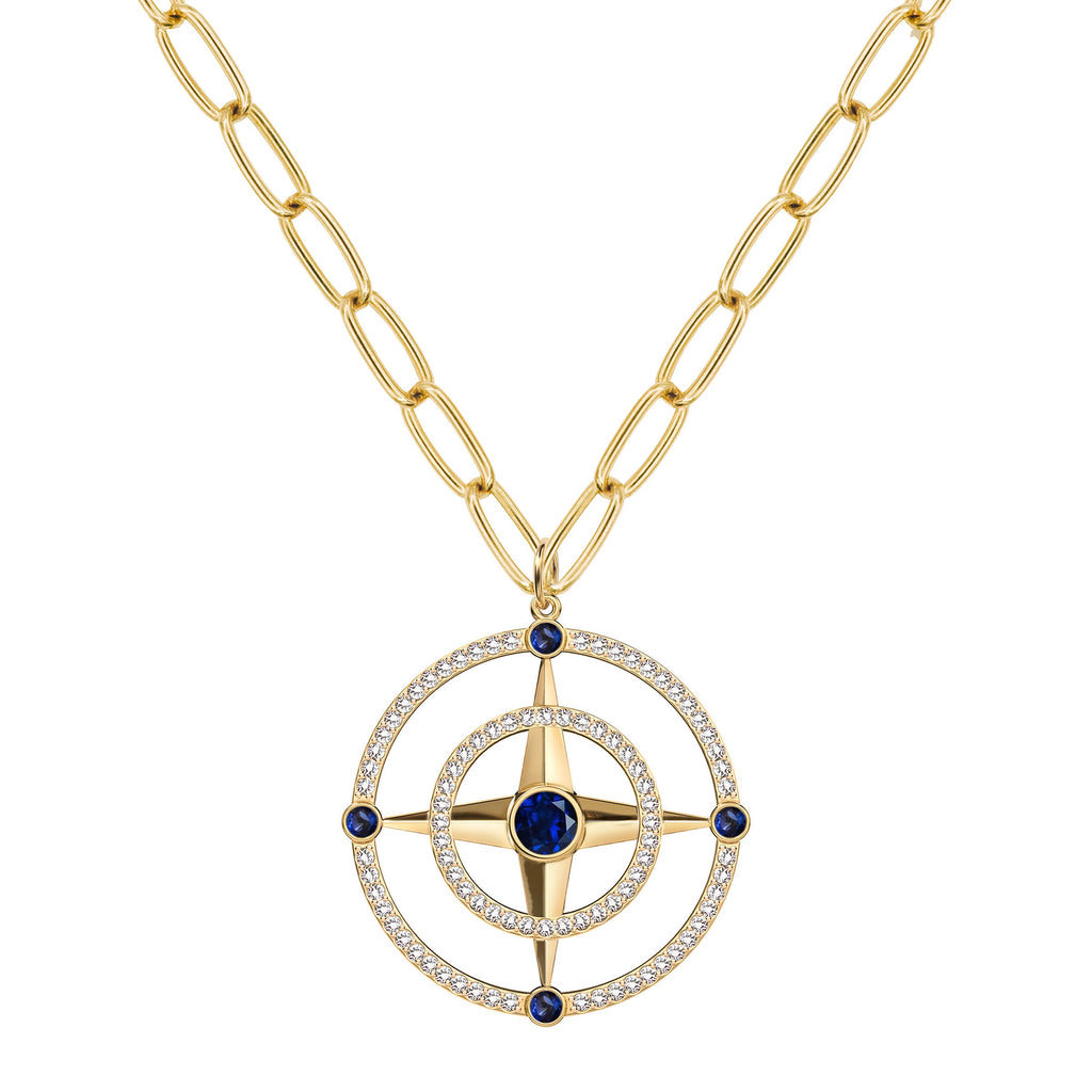 Large Compass Sapphire & Diamond Pendant in 14k Gold (September)