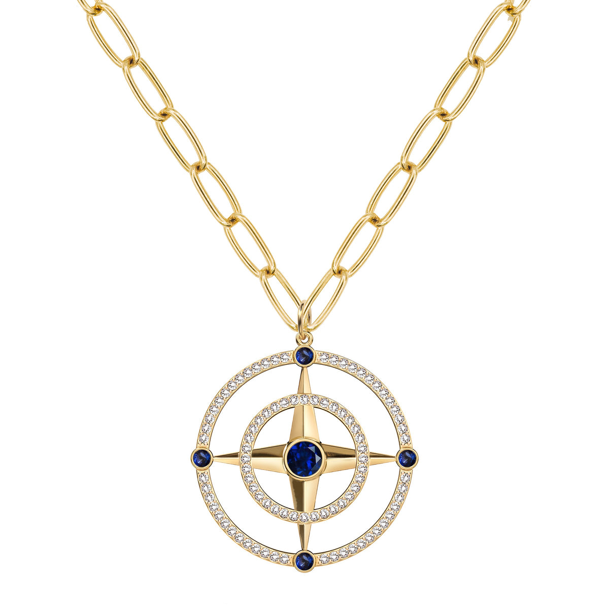 Large Compass Sapphire & Diamond Pendant in 14k Gold (September)