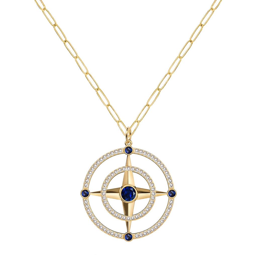 Large Compass Sapphire & Diamond Pendant in 14k Gold (September)