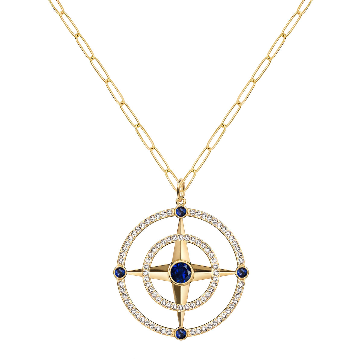 Large Compass Sapphire & Diamond Pendant in 14k Gold (September)