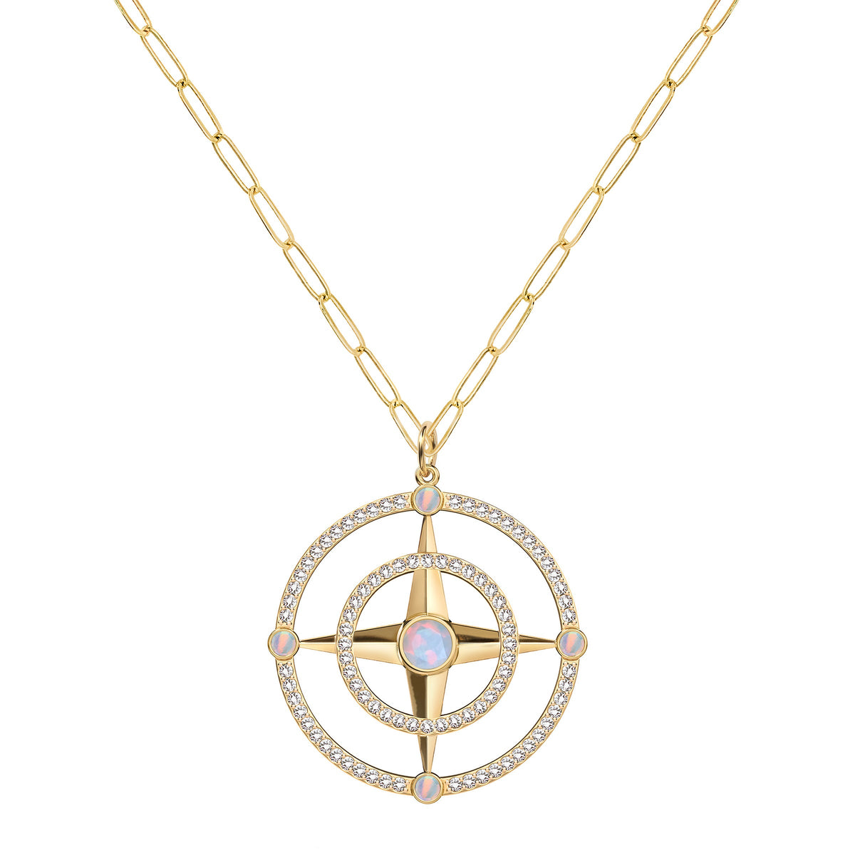 Large Compass Opal & Diamond Pendant in 14k Gold (October)