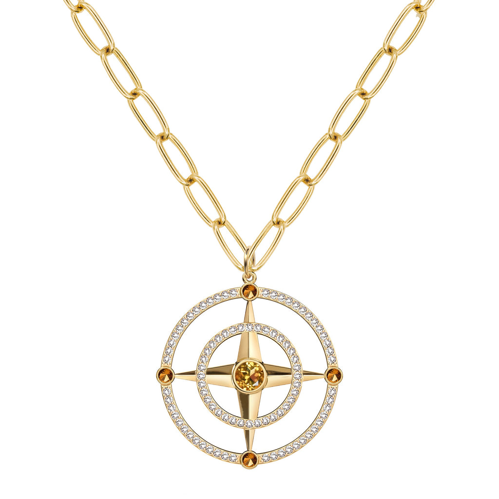 Large Compass Citrine & Diamond Pendant in 14k Gold (November)