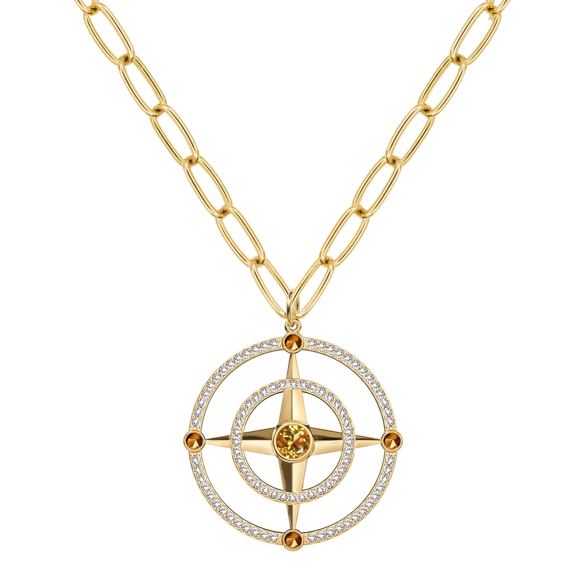 Large Compass Citrine & Diamond Pendant in 14k Gold (November)