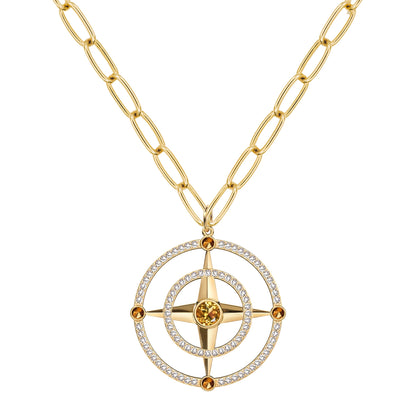 Large Compass Citrine & Diamond Pendant in 14k Gold (November)