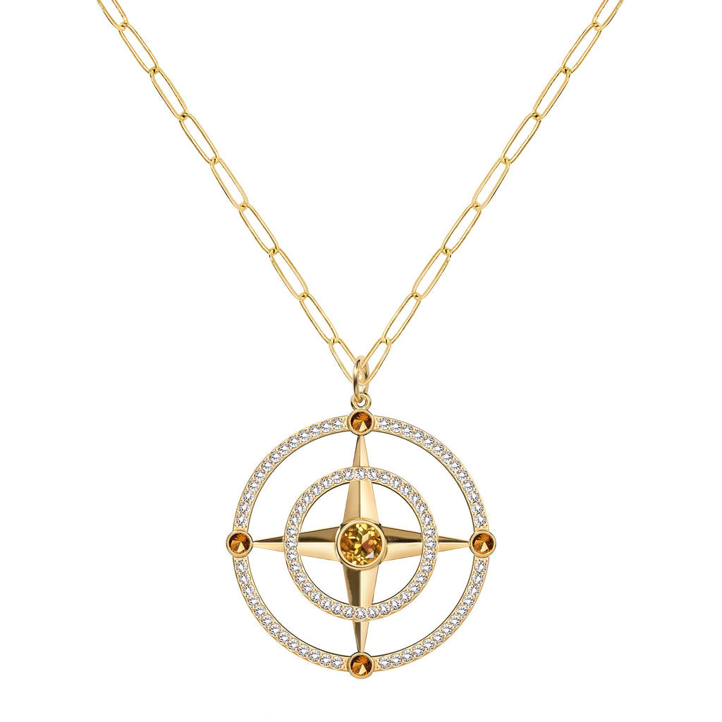 Large Compass Citrine & Diamond Pendant in 14k Gold (November)