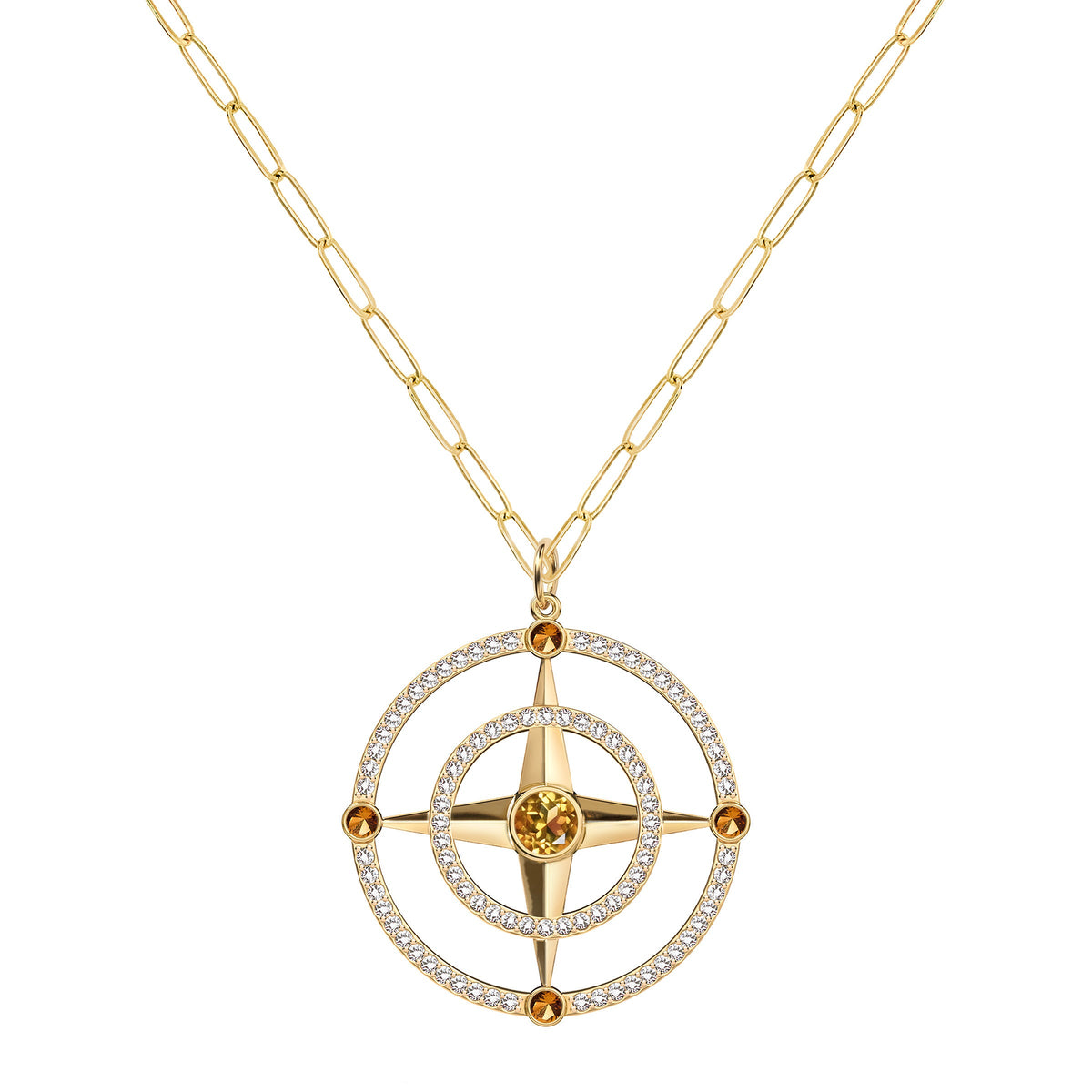 Large Compass Citrine & Diamond Pendant in 14k Gold (November)