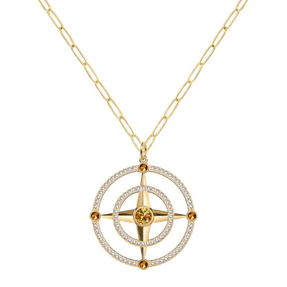 Large Compass Citrine & Diamond Pendant in 14k Gold (November)