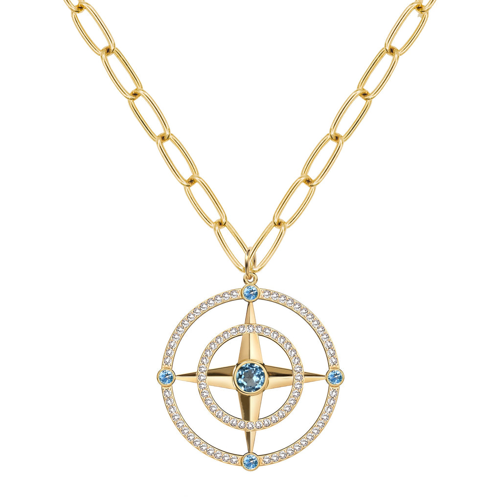 Large Compass Nantucket Blue Topaz & Diamond Pendant in 14k Gold (December)