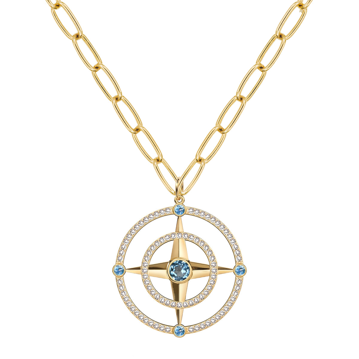 Large Compass Nantucket Blue Topaz & Diamond Pendant in 14k Gold (December)